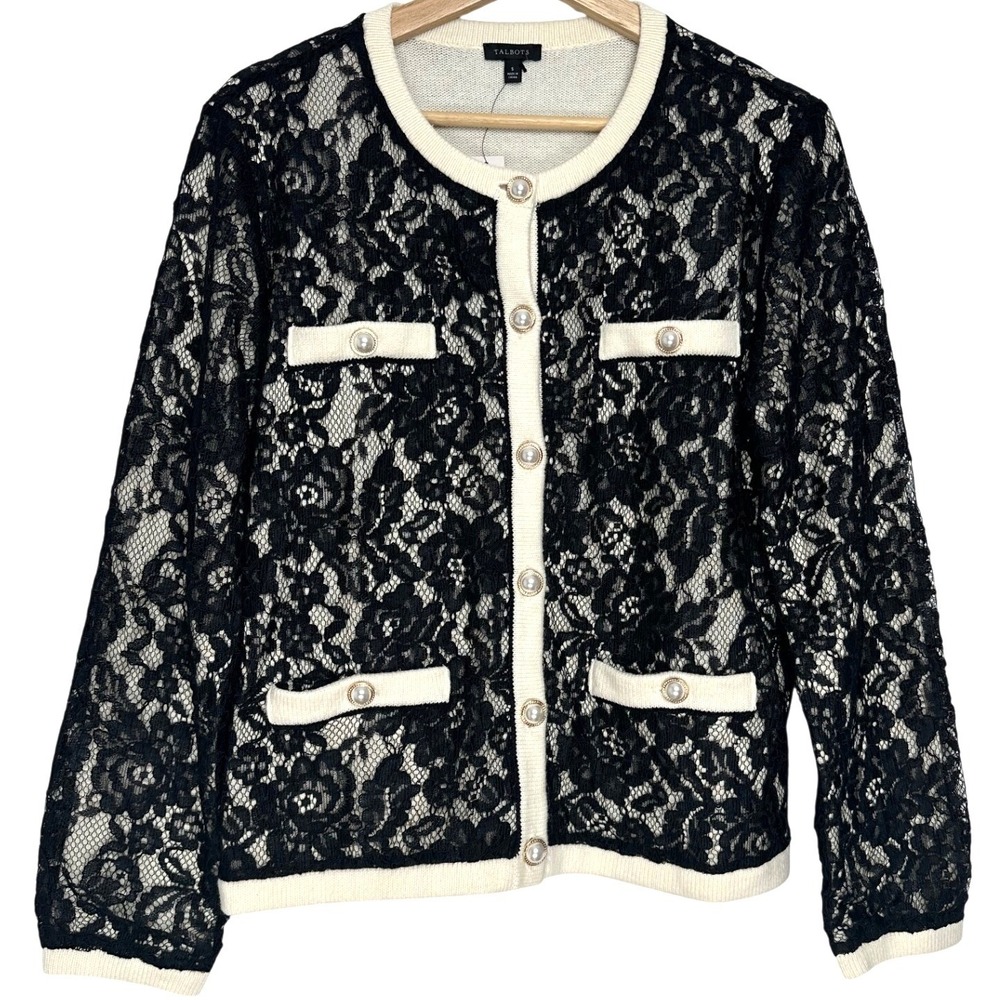 NWT Talbots Floral Lace Cardigan Ivory Black S - Picture 2 of 11